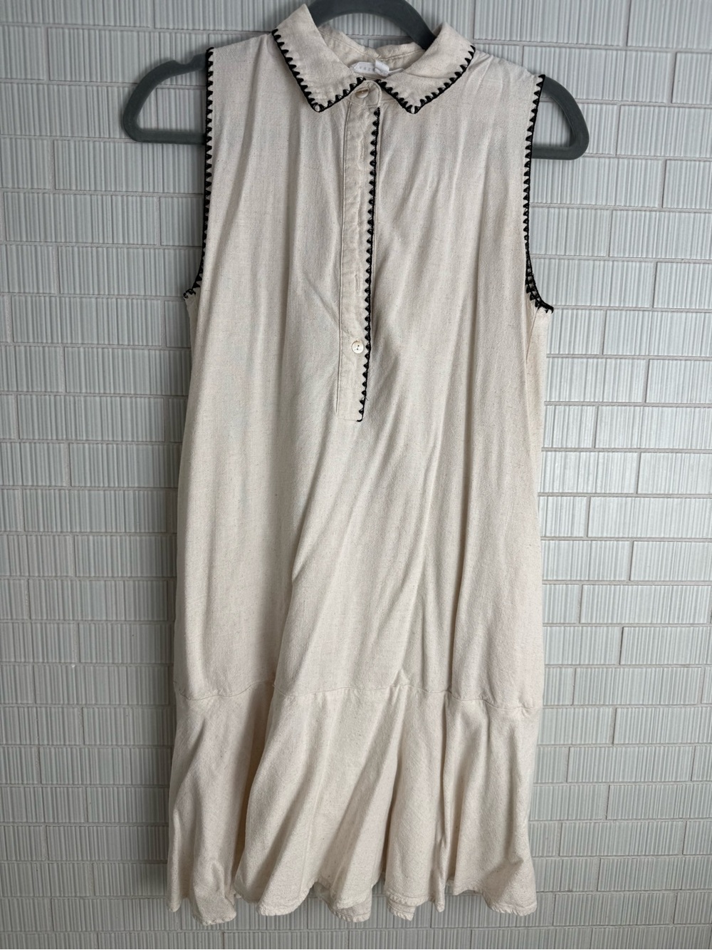 Japna Cream Sleeveless Dress with Black Scalloped Trim